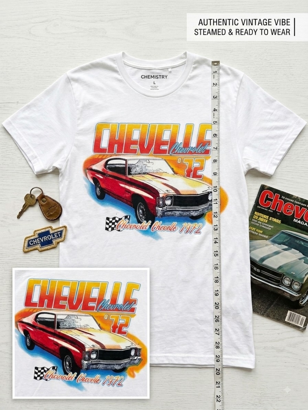 Chemistry White Graphic Tee with Red, Yellow & Blue '72 Chevelle